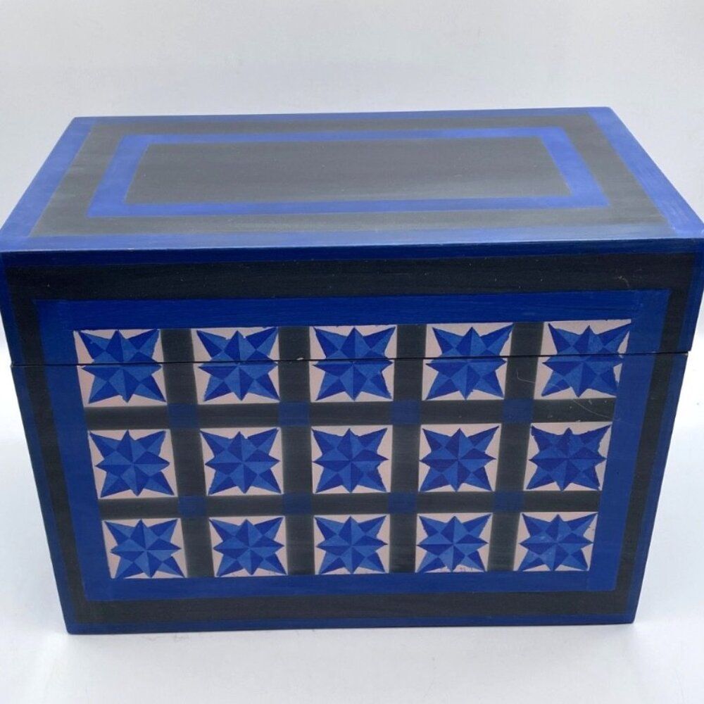 Hand Painted Folk Art Wood Storage Box with Lid Star Barn Quilt 11 x 6" Blue
